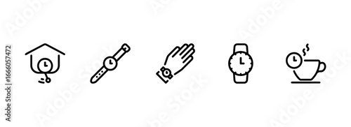 Modern outline icons depicting various clocks, watches, and time concepts