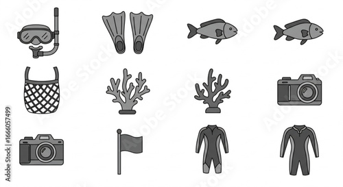 Collection of snorkeling and diving equipment and sea life icons