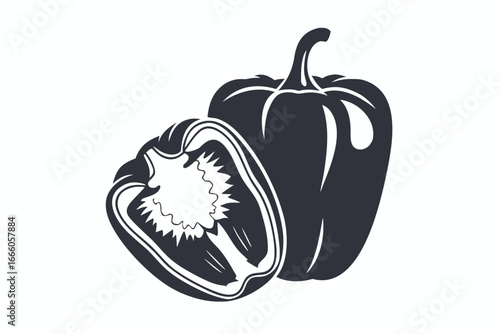 Monochrome Whole and Sliced Bell Peppers on White Background