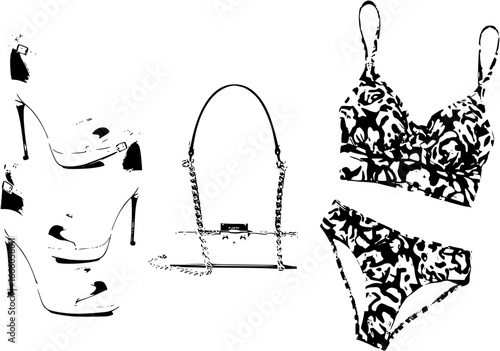 Fashion shoes, bags, swim suit set
