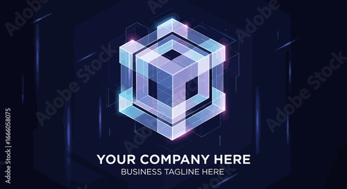 Abstract Cubic Structure with Transparent Blue and Purple Glow