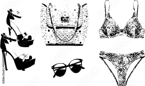Fashion shoes, bags, swim suit set
