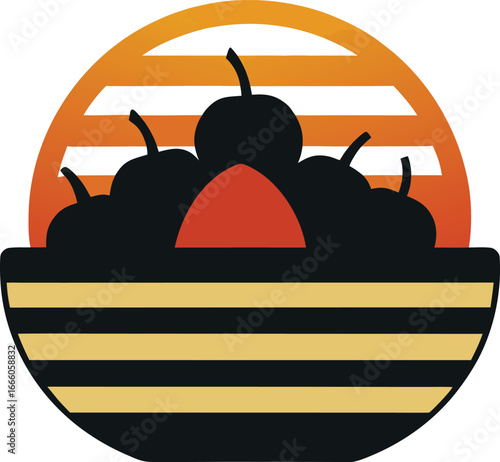 a basket with gourds silhouette on retro stripe su.eps