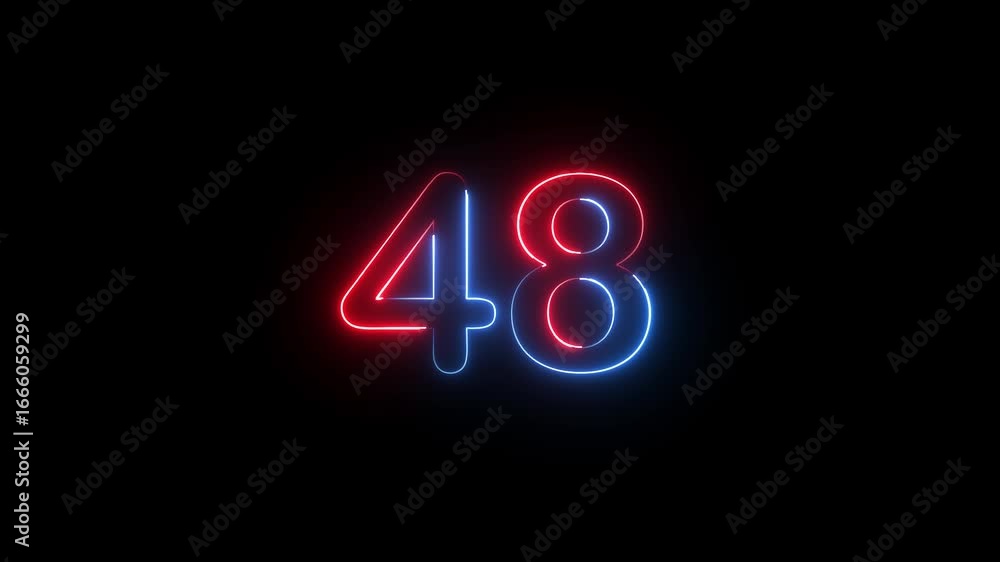 Number 48 text icon animation glowing neon red and blue color digit ...