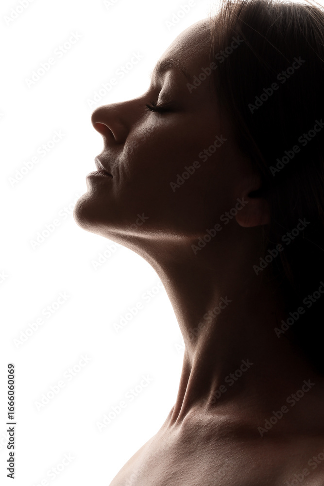 Fototapeta premium Silhouette of beautiful woman on white background, closeup