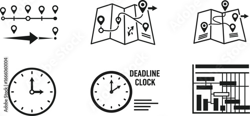 Conceptual icons for project planning, deadlines, navigation, and timelines with clocks and charts