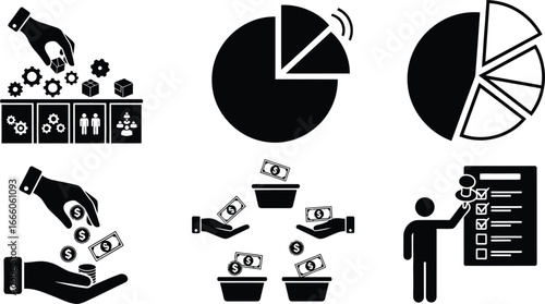 Business and finance icons illustrating processes, investments, and data analysis for presentations
