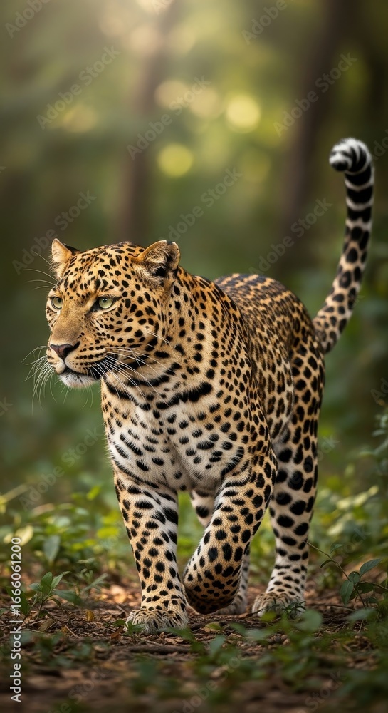 Obraz premium Elegant leopard strides through forest under soft sunlight, nature's majesty