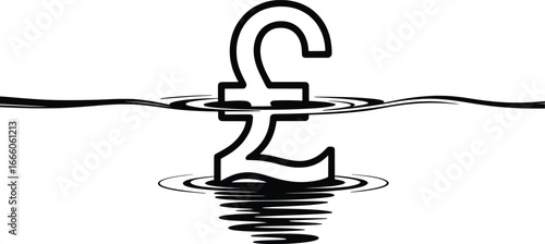 Pound Sterling Sinking Symbol Illustration, Currency Crisis Concept.