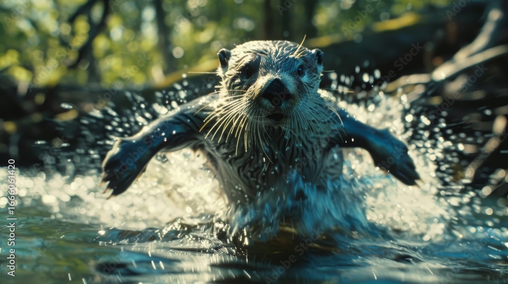 Fototapeta premium Sea otter relaxing on its back with a shell resting on its chest in a calm ocean setting