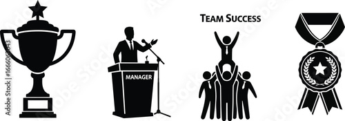 Team success icons showcasing leadership, awards, and achievements for business success