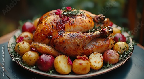 Wallpaper Mural Golden Roasted Whole Chicken with Potatoes and Rosemary Garnish roasted chicken poultry Torontodigital.ca