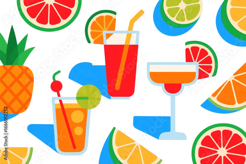 Summer cocktail drinks and fruits seamless illustration.
