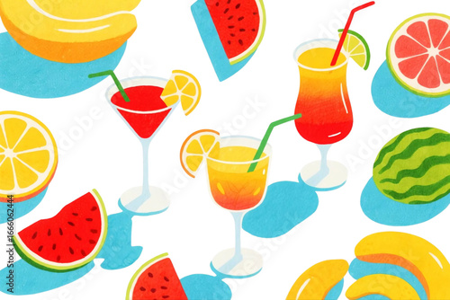 Summer cocktail drinks and fruits seamless illustration.