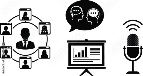 Business presentation, online meeting, and podcasting icons for professional communication and marketing