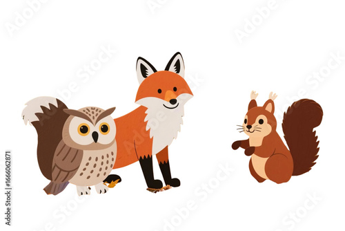 Woodland animals (fox, squirrel, owl) in autumn colors.