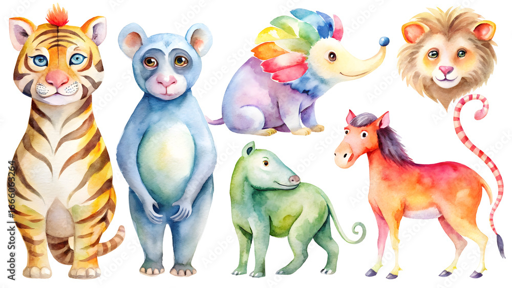 Naklejka premium Six Whimsical Watercolor Animal Illustrations Tiger Lemur Hedgehog Horse Lion Tapir Colorful Cute Cartoon Style Childrens Book Design