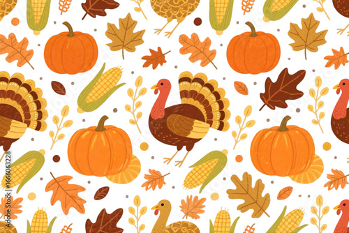 Thanksgiving seamless pattern with turkey and harvest elements.