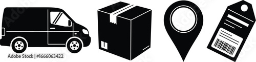Delivery service icons: Van, package, location pin, and barcode for seamless logistics solutions