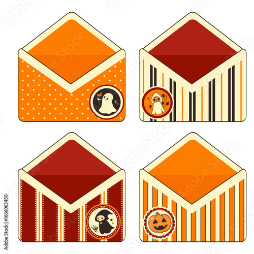 Vector set of Halloween cute opened envelope. Retro letter with Halloween character. Can be used for holiday t-shirt print, sticker, greeting card. Delightful and visually appealing Halloween badge