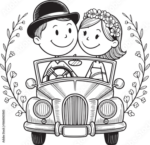Wedding Day Joyride: A newlywed couple in a charming vintage car, radiating love, surrounded by a floral wreath, embarking on their journey, symbolizing a lifetime of happiness.