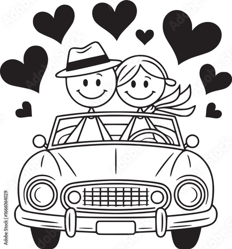Love's Journey: A sketch of a couple, filled with hearts, embarks on a car ride of romance, representing affection and happiness. 