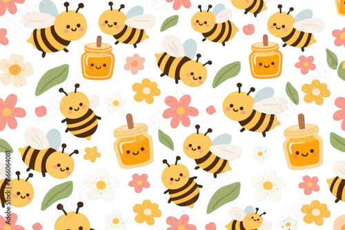Cute bees, honey jars, and flowers seamless pattern.