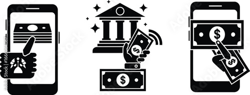 Mobile banking transactions and financial technology icons for modern payment solutions
