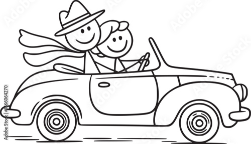 Car Journey: A black and white sketch of a couple cruising down the road in a vintage convertible, radiating happiness and the spirit of adventure.
