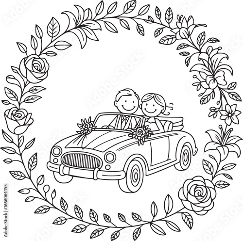 Wedding Car Illustration: Charming line art captures a newly married couple joyfully riding in a classic convertible, encircled by a delicate floral wreath symbolizing new beginnings.