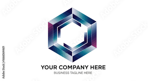 Abstract isometric hexagon logo with a modern dimensional design and a vibrant blue and purple gradient.