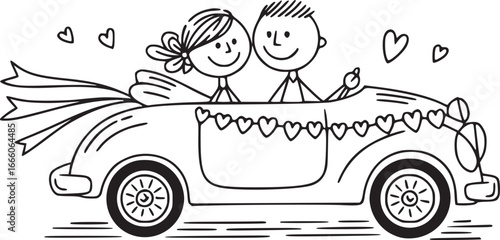 Wedding Car in Love: A charming illustration of a newlywed couple joyfully riding in a classic car adorned with hearts, ribbons, and delightful flourishes of love and celebration.