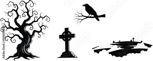 Spooky Halloween silhouette elements: haunted tree, raven, tombstone, and graveyard under moonlit clouds