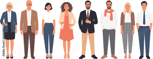 Diverse casual business people illustration, multicultural office staff, modern workplace attire, flat design team, inclusive professional character set