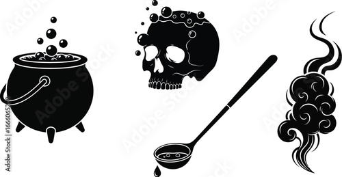 Spooky Halloween elements featuring bubbling cauldron, skull, ladle, and mystical smoke for creative designs