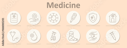 Medicine set icon. Clipboard with cross, virus shape, thermometer, shield with drop and cross, house with cross, stethoscope, drop with cross, syringe with vial, bandaged foot, syringe