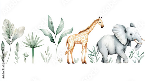 Watercolor illustration of African Animals lemur flam. Aquarelle depiction of fauna from africa primate and bird vibrant painting wildlife artwork exotic creature zoological drawing