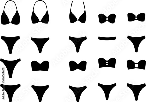 Vector illustration set of silhouettes of modern swimsuits and women s underwear on white background. Bikini set for girls.
