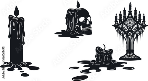 Mysterious gothic candle set with melting wax and ornate candelabra silhouette