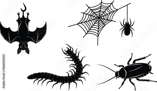Spooky Halloween icons featuring a bat, spider, centipede, and cockroach with cobweb