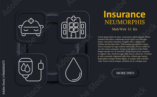 Insurance set icon. Ambulance, medical building, IV bag, blood drop outlined in neumorphic style for healthcare, emergency support, hospital or coverage UI themes