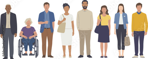 Diverse group of people standing together, inclusive community illustration, multi-ethnic adults, wheelchair user, gender equality, modern diversity concept.