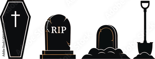 Spooky Halloween coffin, gravestones, and shovel icons set on vibrant orange background