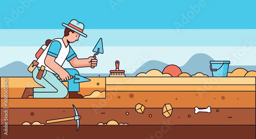 Archaeologist Carefully Excavating Ancient Bone Fossil with Tools