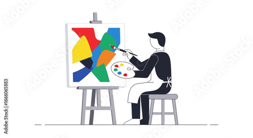 Artist painting abstract colorful composition on easel