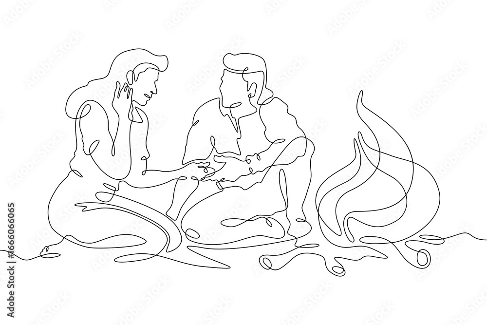 Fototapeta premium Continuous single line drawing a couple in love by the fire.Linear design. One continuous line isolated minimalist illustration. Not AI.