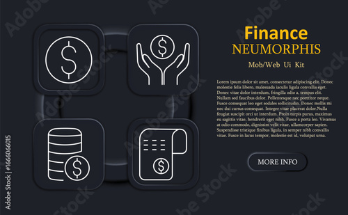 Finance set icon. Coin, hands holding dollar, stacked coins, and receipt with symbol outlined on neumorphic dark UI for banking or transaction dashboards
