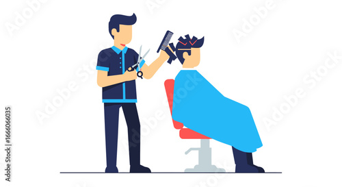 Barber Cutting Hair with Scissors and Comb in a Salon, Flat Vector Illustration