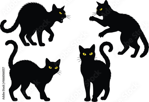 Four black cats with glowing yellow eyes in dynamic poses create a captivating Halloween or mystical theme