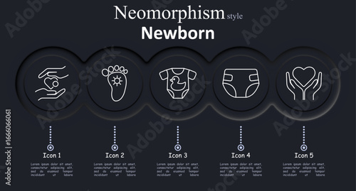 Newborn set icon. Caring hands, footprint, bodysuit, diaper, heart-in-hands signify infant care, hygiene, clothing, protection, early development in a neomorphic visual style